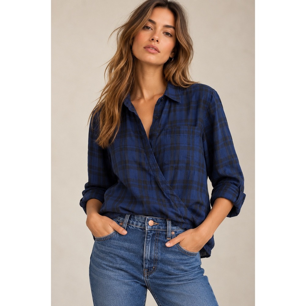 Madewell Blue Black Plaid Faux Wrap Elastic Hem Button Down Shirt Large